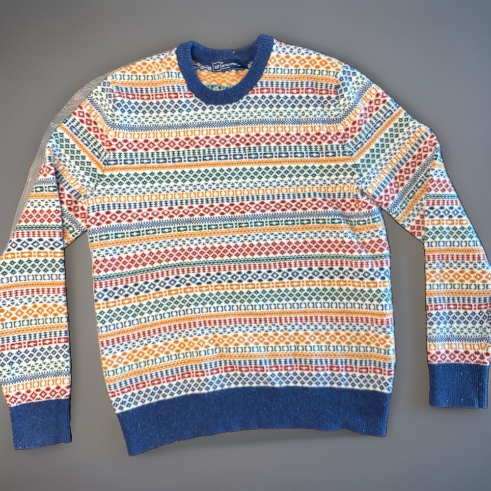 Mens Vintage Gap Jumper Lambs Wool Striped Multicolor Retro Knitted Sweater Sz M